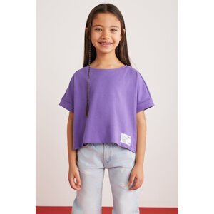 GRIMELANGE Verena Girls' 100% Cotton Double Sleeve Ornamental Label Purple T-shir