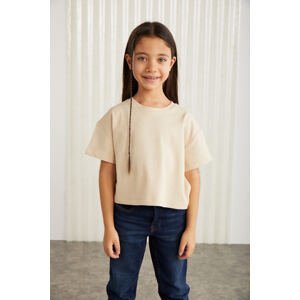 GRIMELANGE Verena Girls' 100% Cotton Double Sleeve Beige T-shirt with Ornamental Labe