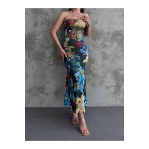 BİKELİFE Women's Floral Patterned Strapless Maxi Length Dress