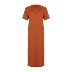 Trendyol Cinnamon Polo Collar Short Sleeve Wrap/Textured Knitted Midi Dress