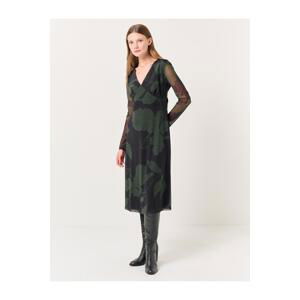 Jimmy Key Black V-Neck Long Sleeve Floral Midi Mesh Dress