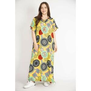 Şans Women's Yellow Plus Size Woven Viscose Fabric Long Dress with Collar and Slit Lace Detail