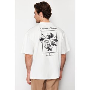 Trendyol Ecru Men's Oversize Fluffy Flower Printed 100% Cotton T-Shirt