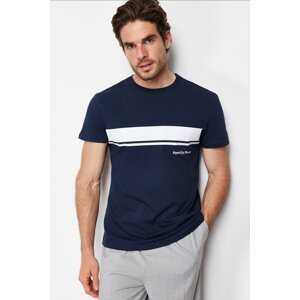 Trendyol Navy Blue Regular/Normal Cut Crew Neck Striped Printed 100% Cotton T-shirt