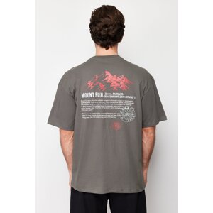 Trendyol Anthracite Oversize Printed Embroidery 100% Cotton T-Shirt