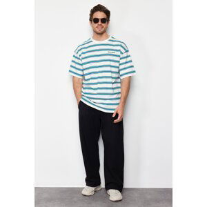 Trendyol Green Men's Oversize Embroidered Striped 100% Cotton T-Shirt