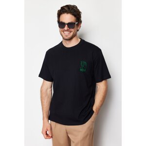 Trendyol Men's Black Relaxed/Comfortable Cut Velvet Printed 100% Cotton T-Shirt