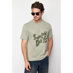 Trendyol Green Men's Relaxed/Casual Fit Crew Neck 100% Cotton T-Shirt with Text Embroidered