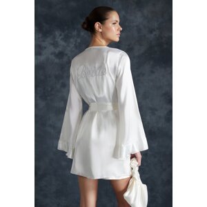 Trendyol White Bride Satin Woven Dressing Gown with Flounce and Back Embroidery Detailed Bag