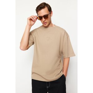 Trendyol Premium Mink Oversize/Wide Cut Textured Waffle Fluffy Text Printed T-Shirt