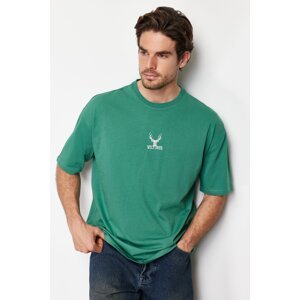 Trendyol Green Men's Oversize Deer Embroidered 100% Cotton T-Shirt