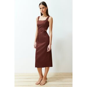 Trendyol Brown Body Wrap Cut Out Detailed Square Collar Woven Midi Dress