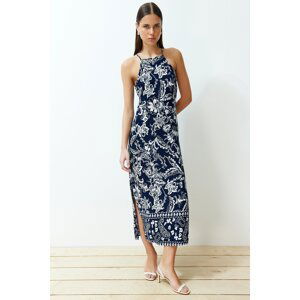 Trendyol Navy Floral Straight Cut Viscose Maxi Woven Dress