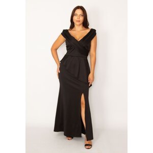 Şans Women's Large Size Black Wrap Neck Waist Part Flounce Front Slit Long Evening Dress
