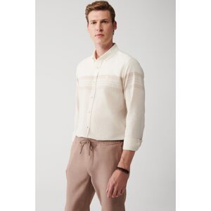Avva Men's Beige Cotton Linen Blended Buttoned Collar Striped Slim Fit Slim Fit Shirt