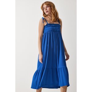 Happiness İstanbul Women's Blue Strappy Crinkle Summer Knitted Dress