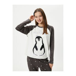 Koton Fleece Pajama Top Penguin Embroidered Crew Neck Raglan Sleeve