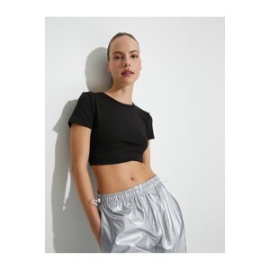 Koton Sports Crop Yoga T-Shirt Slim Fit Asymmetrical Detailed Short Sleeve Crew Neck