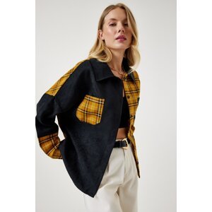 Happiness İstanbul Women's Black Mustard Color Block Suede Woven Shirt