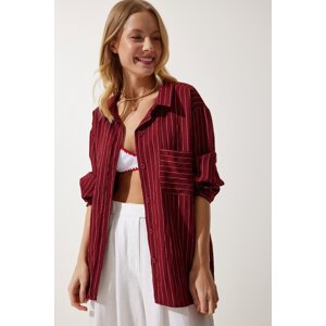 Happiness İstanbul Women's Burgundy Striped Pocket Viscose Shirt