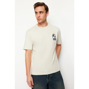 Trendyol Stone Relaxed/Comfortable Cut Landscape Embroidered 100% Cotton Short Sleeve T-Shirt