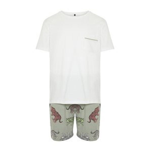 Trendyol Men's Ecru Regular Fit Animal Patterned Knitted Pajamas Set