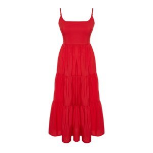 Trendyol Cotton Blended Woven Maxi Dress with Red Skirt Opening at the Waist