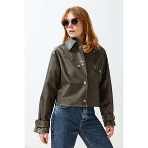 Trendyol Dark Mink Oversize Collar Detailed Faux Leather Thin Jacket Coat