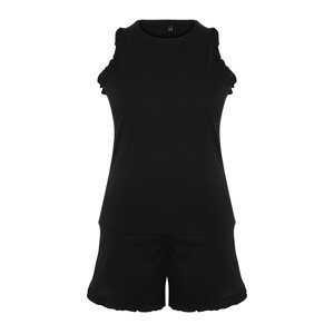 Trendyol Curve Black Ruffle Detail Undershirt-Short Knitted Pajamas Set