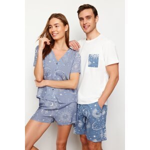 Trendyol Women's Couple Blue Galaxy Patterned Woven Pajamas Set