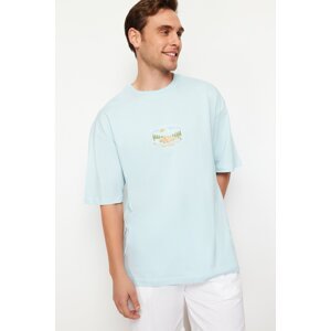 Trendyol Blue Men's Oversize/Wide Cut Short Sleeve Landscape Embroidered 100% Cotton T-Shirt
