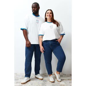 Trendyol Plus Size Ecru Unisex Oversize Comfortable 100% Cotton Embroidered Color Block Couple T-Shirt