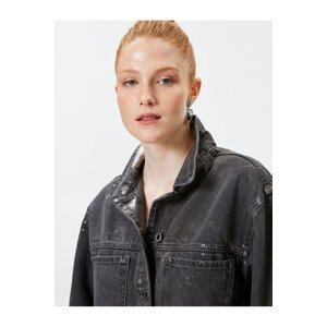 Koton Denim Jacket Foil Print Detailed Comfortable Fit Shirt Collar With Pocket
