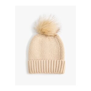 Koton Elastic Knitted Beret with Layered Edges and Plush Pompom Detail