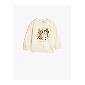 Koton Sweatshirt Long Sleeve Crew Neck Shiny Cat Printed Cotton Cotton