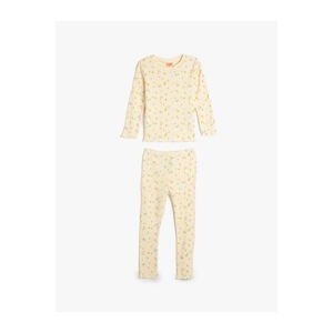 Koton Cotton Pajamas Set Floral Pattern Long Sleeve T-Shirt and Elastic Waist Pajama Bottoms 2-Piece