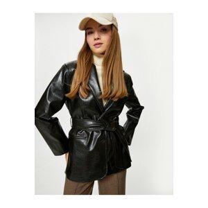 Koton Leather Look Jacket Reverse Collar Double Breasted Belt Detailed With Pocket