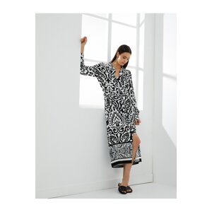 Koton Ethnic Patterned Midi Shirt Dress Belted Button Long Sleeve