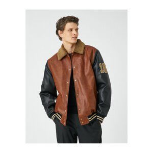 Koton College Jacket Leather Look Collar Detailed Embroidered Snap Buttons Pocket