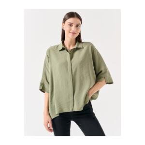 Jimmy Key Khaki Loose Fit Open Collar Three Quarterly Woven Voile Shirt.