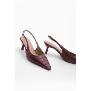 Marjin Women's Stiletto Pointed Toe Open Back Thin Heel Heel Shoes Fanle Burgundy Croco