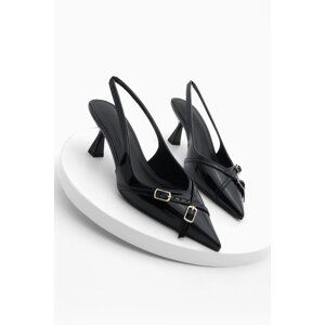 Marjin Women's Stiletto Pointed Toe Open Back Thin Heel Heel Shoes Pouch Black Patent Leather