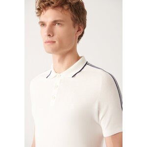 Avva Men's White Polo Neck Stripe Detailed Shoulder Ribbed Standard Fit Regular Cut Knitwear T-shirt
