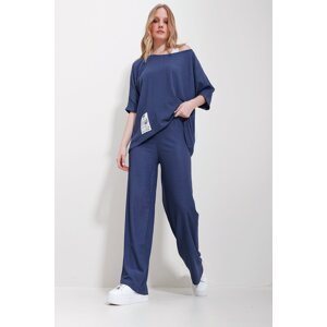 Trend Alaçatı Stili Women's Navy Blue Boat Neck Blouse And Palazzo Trousers 3-Piece Suit