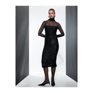 Koton Pencil Dress Maxi Length Sequined Embroidered Tulle Detailed Long Sleeve High Collar