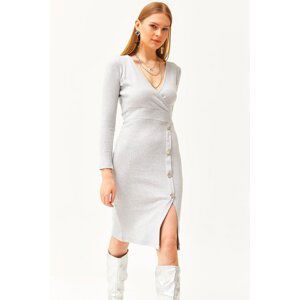 Olalook Women's Gray Double Breasted Collar Slit Button Detailed Raised Dress