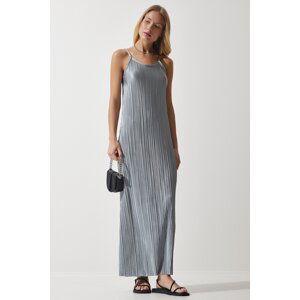 Happiness İstanbul Women's Gray Strappy Summer Pleated Dress