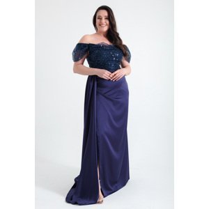 Lafaba Women's Navy Blue Boat Neck Stone Plus Size Long Evening Dress