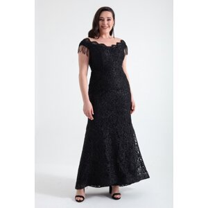 Lafaba Women's Black Laced Sleeves Beaded Plus Size Evening Dress