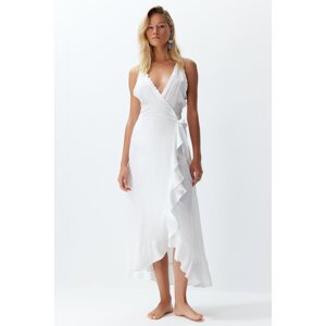 Trendyol Bridal White Belted Midi Woven Flounce Beach Dress